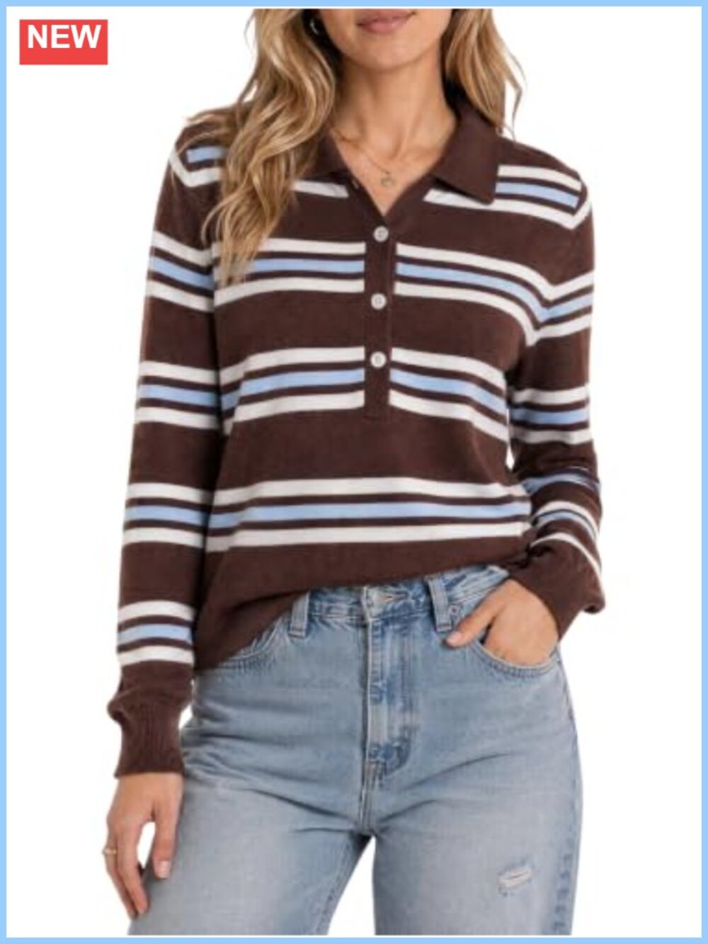 Polo Sweater Women Long Sleeve Striped Knit Pullover Fall Casual Preppy